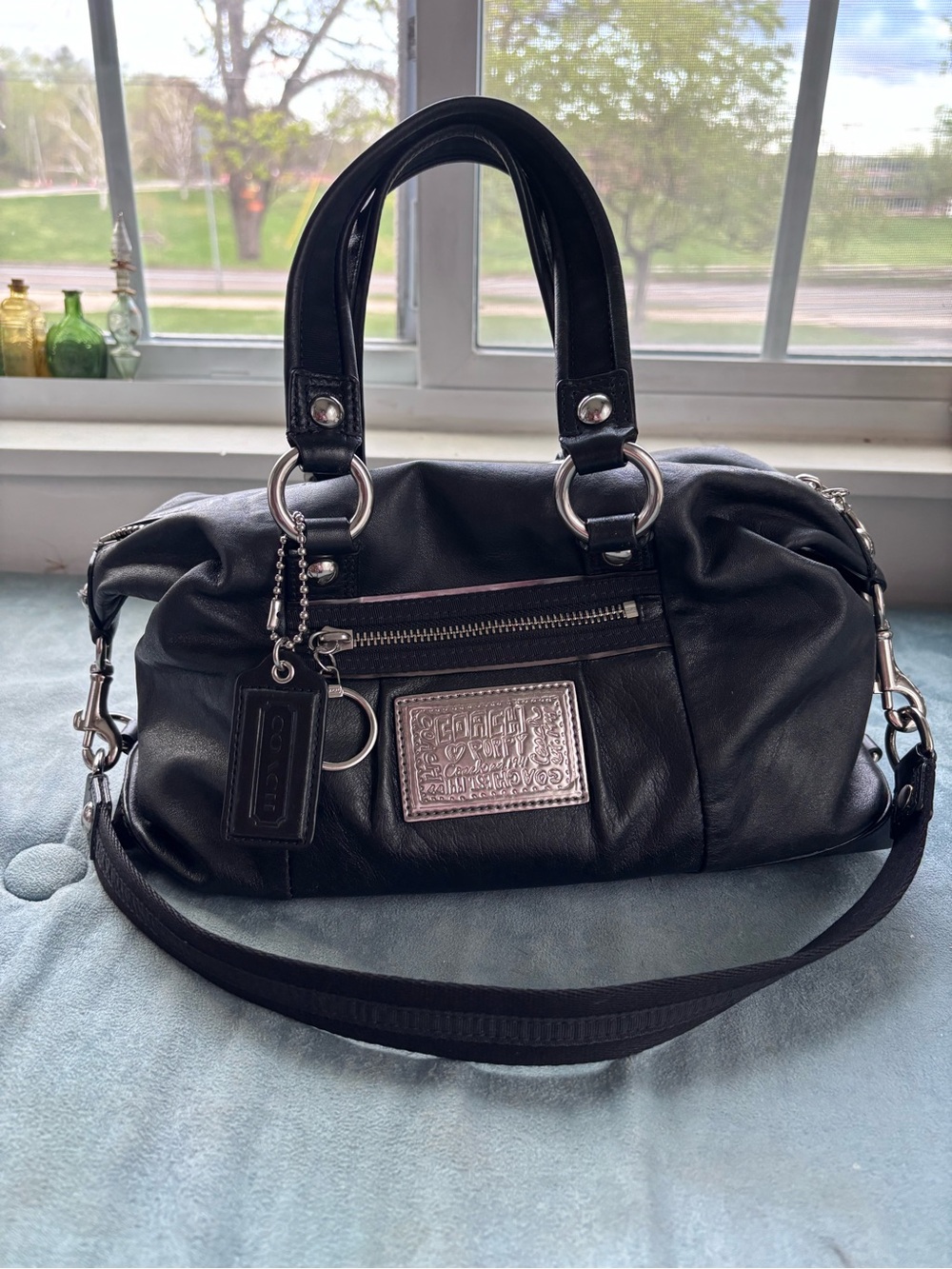 Coach Black Leather Shoulder Satchel with Silver Plaque